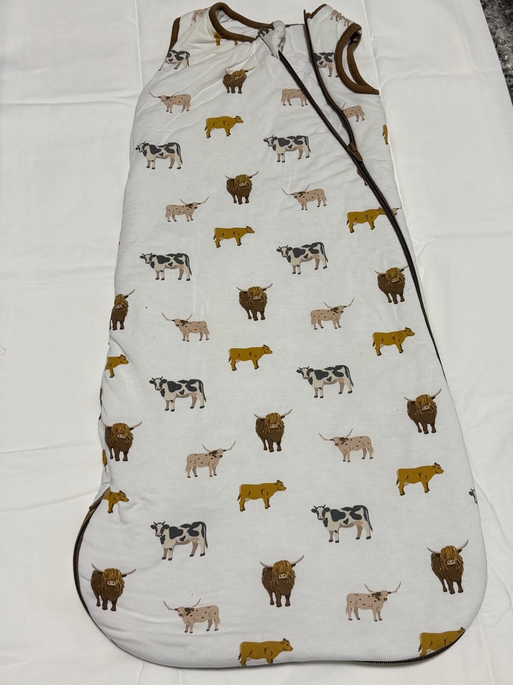 Kyte BABY White Sleep Sack with Brown Trim and Cow Print